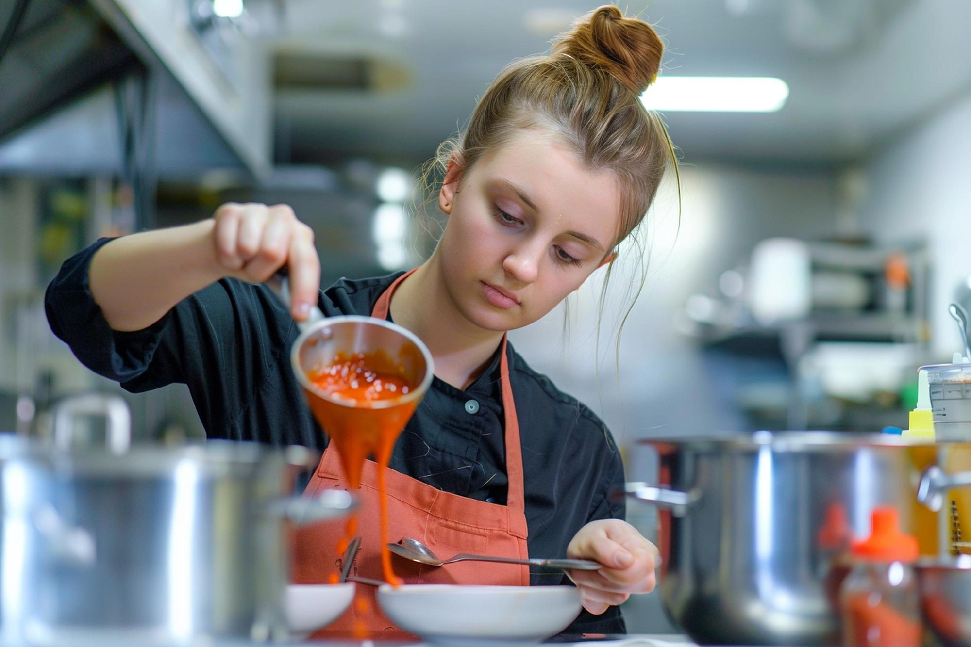 Studente al banco che monta una salsa